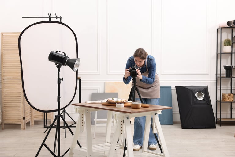 Woman taking picture of croissants at table in studio. Professional food photography