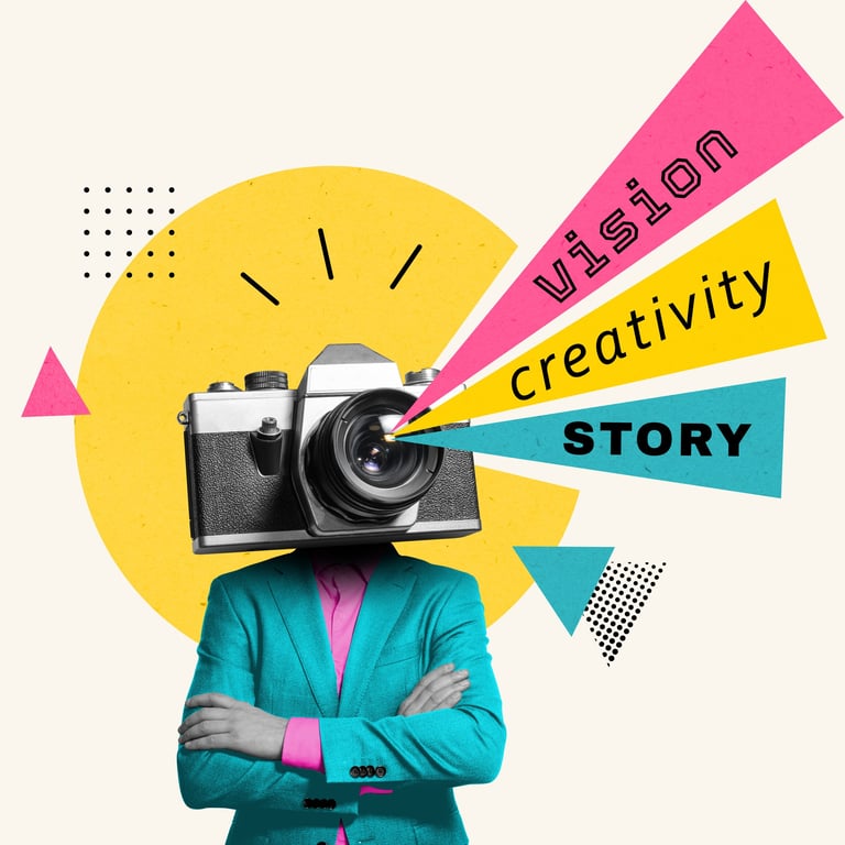 Minimal creative collage with a camera headed person in a bright suit and graphic shapes projecting vision, creativity and story. Concept of visual storytelling, content creation, media and imagination.
