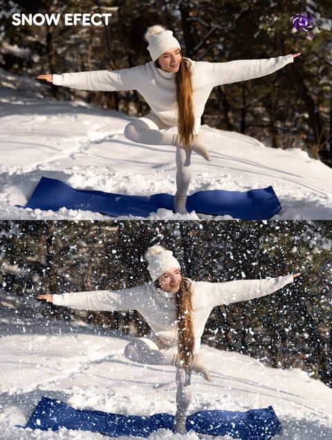 Woman in white winter outfit performing yoga pose in snow with snow effect overlay showing falling snowflakes