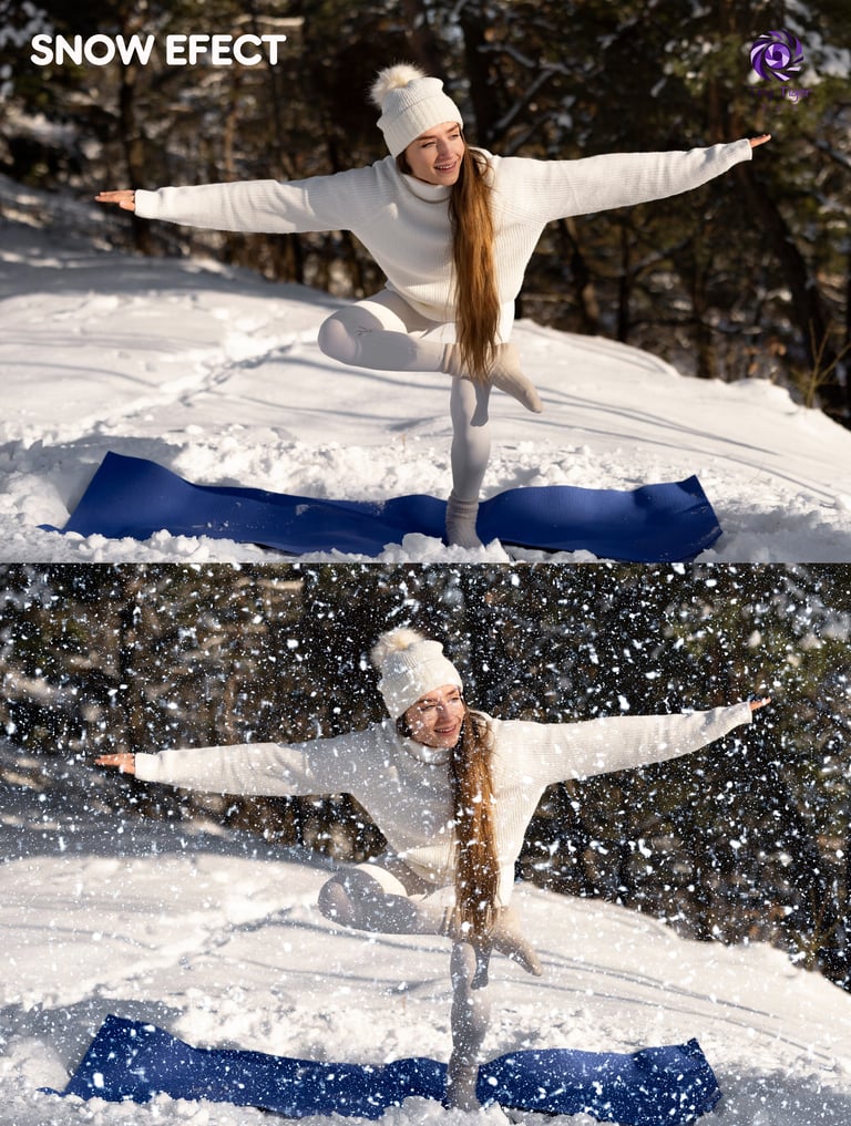 Woman in white winter outfit performing yoga pose in snow with snow effect overlay showing falling snowflakes