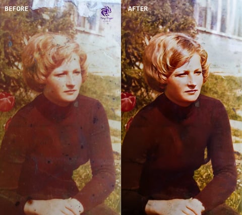 Before and after photo restoration comparison of a vintage portrait of a woman with curled hair wearing a burgundy sweater