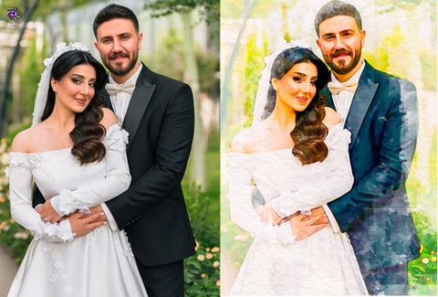 Before and after comparison of a couple in wedding attire, showing original photo and artistic watercolor-style edit side by side