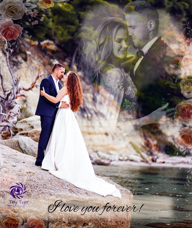 Wedding couple embracing by rocky riverside with floral backdrop and I love you forever text overlay
