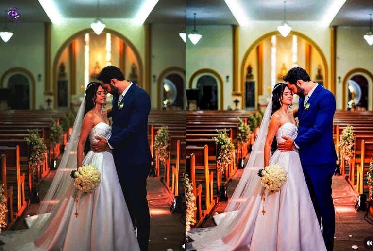 Bride and groom embracing in a church aisle decorated with golden bows and flowers, duplicated side-by-side