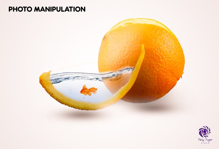 Orange with water splashing from a slice, demonstrating photo manipulation art