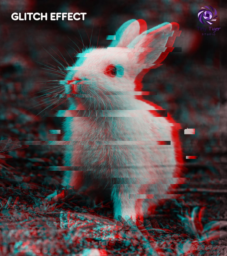 White rabbit with glitch effect showing cyan and red digital distortion on dark background