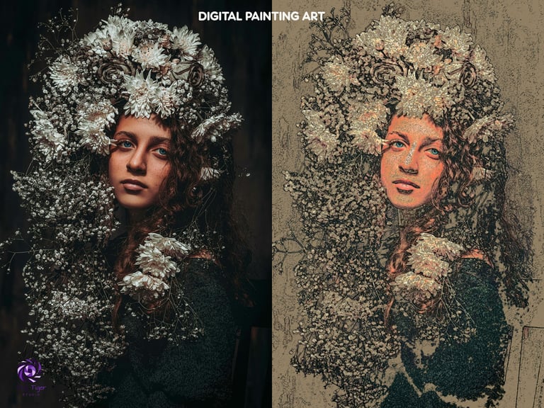 Two digital paintings of a woman with textured hair and ornate shoulders, shown in dark and sepia color variations