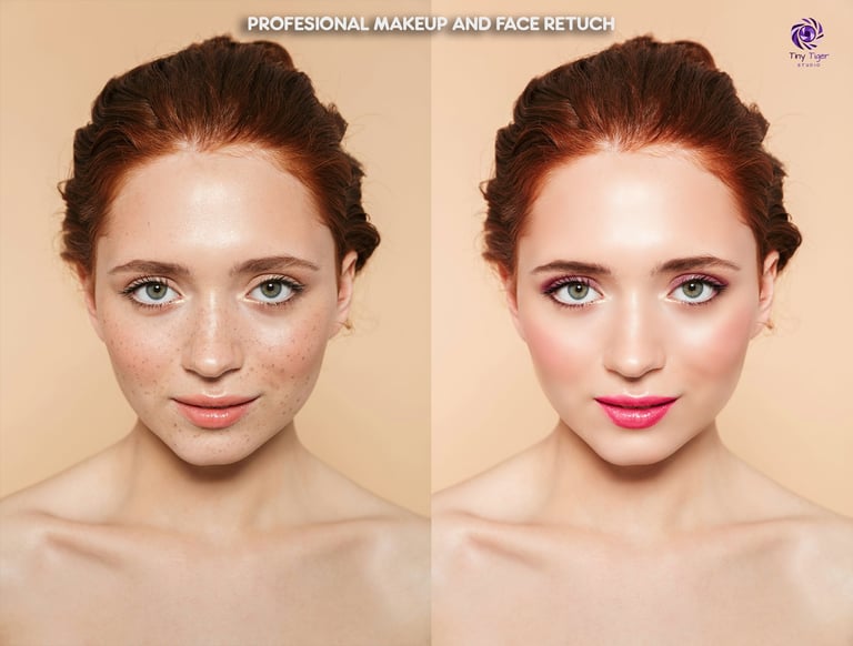 Before and after professional makeup and face retouch comparison showing enhanced features and color correction