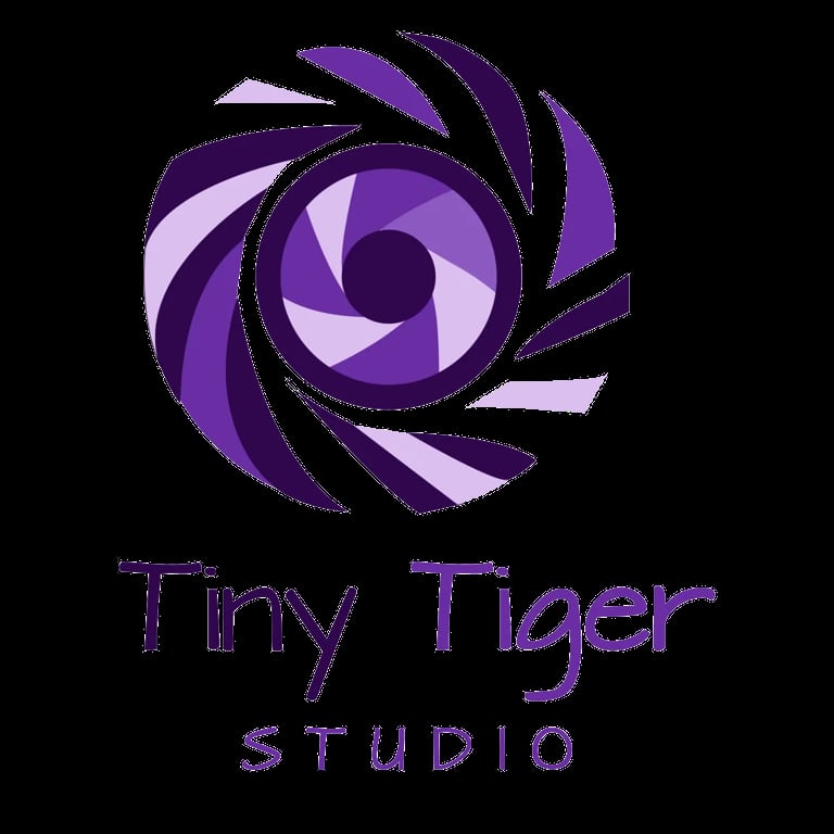 Tiny Tiger Studio logo featuring a purple spiral camera aperture design with studio name text below