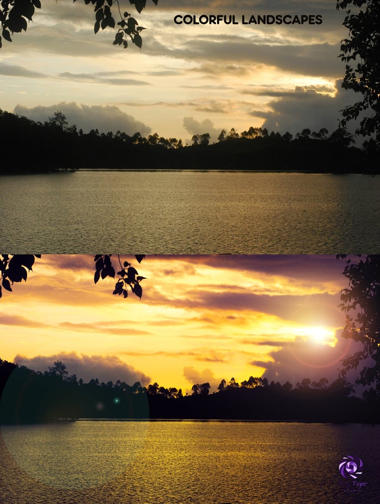 Comparison of two sunset landscape photos showing the same lake and forest scene with different lighting and color tones