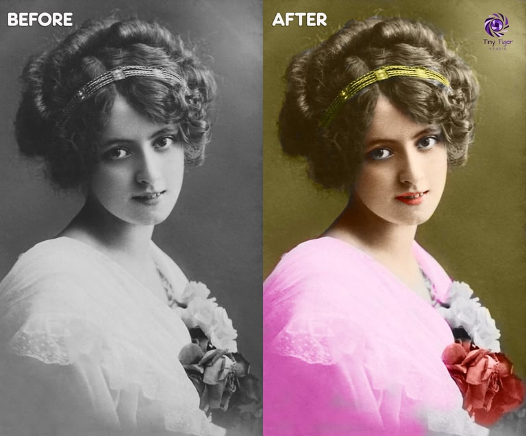 Before and after colorization of vintage portrait of young woman with upswept hair and golden headband wearing pink dress