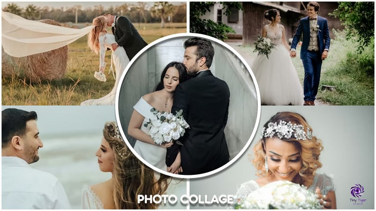 Wedding photo collage featuring couples in various romantic poses and moments, with central image of bride and groom embracing