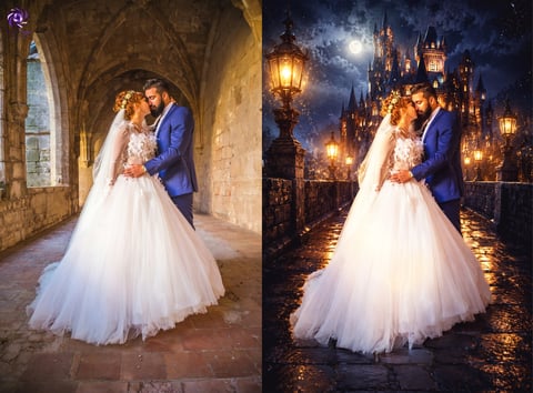 Before and after comparison of wedding couple in romantic archway and castle backdrop