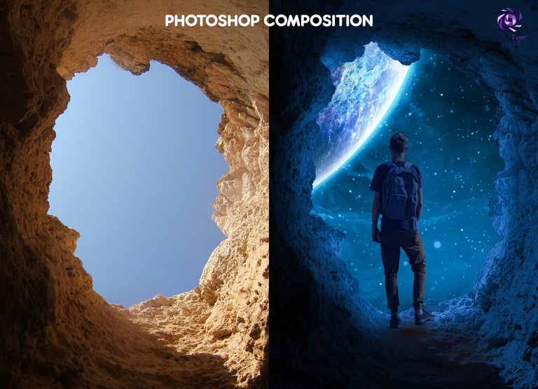 Photoshop composition showing cave opening with blue sky on left, and person silhouette with glowing blue energy beam on right