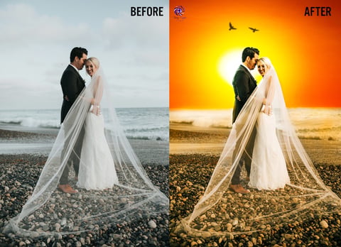 Before and after photo comparison of newlyweds on beach with dramatic sunset editing applied