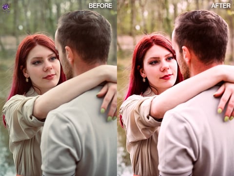Before and after photo comparison of a couple outdoors, showing color and lighting enhancements applied to the image
