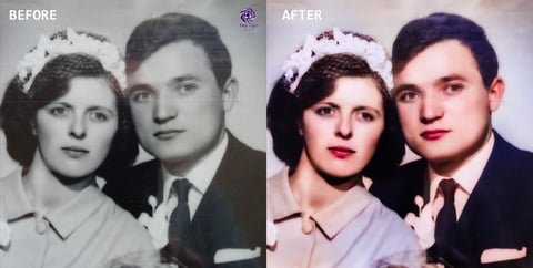 Before and after comparison of a colorized vintage portrait showing a woman and man in 1940s-style clothing and hairstyles