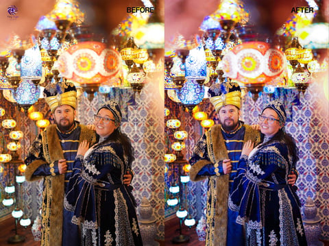 Before and after photo comparison of two people in ornate costumes at a colorful festival or celebration venue