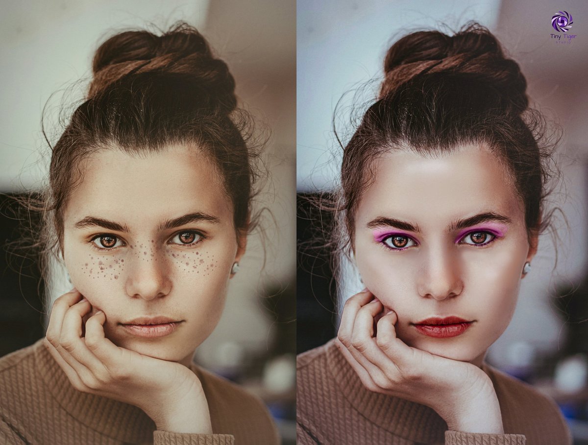 Side-by-side comparison of a womans portrait before and after digital makeup enhancement, showing natural versus enhanced beauty look