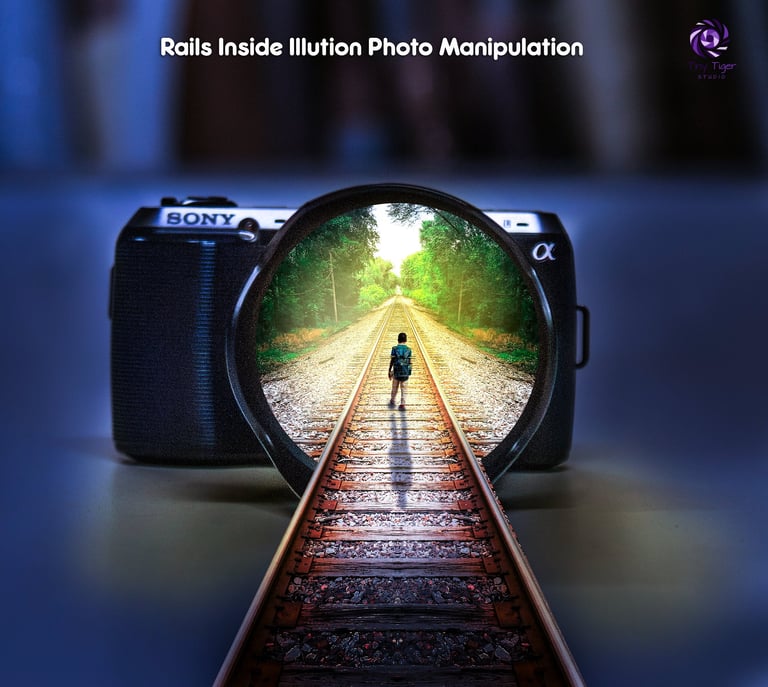 Sony camera displaying creative photo manipulation of railroad tracks converging into distance with person standing on rails, visible through camera lens