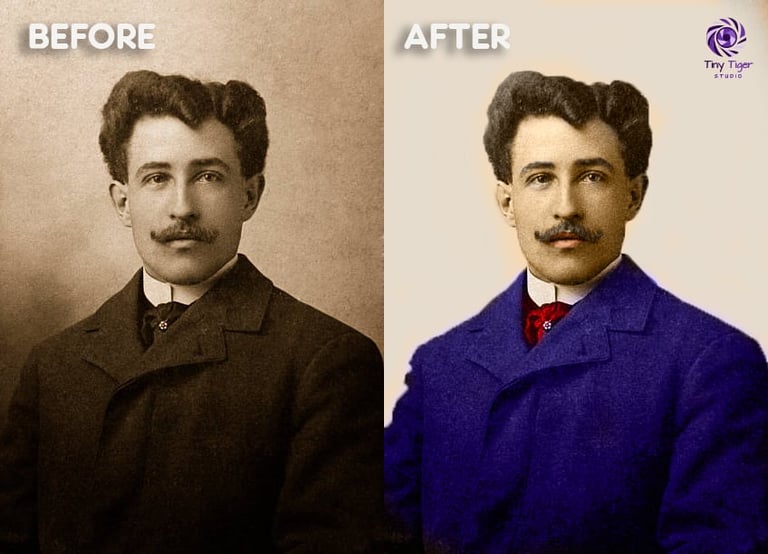 Before and after comparison of a vintage portrait showing colorization of a mans jacket from brown to vibrant blue