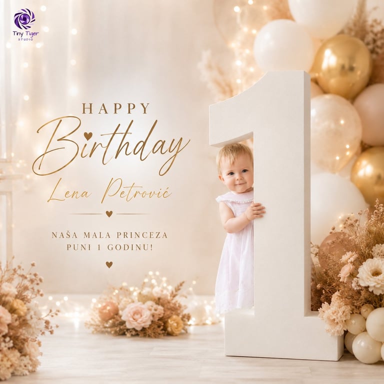 Happy Birthday greeting card for Lena Petrovic featuring a toddler in white dress surrounded by gold balloons and dried flowers