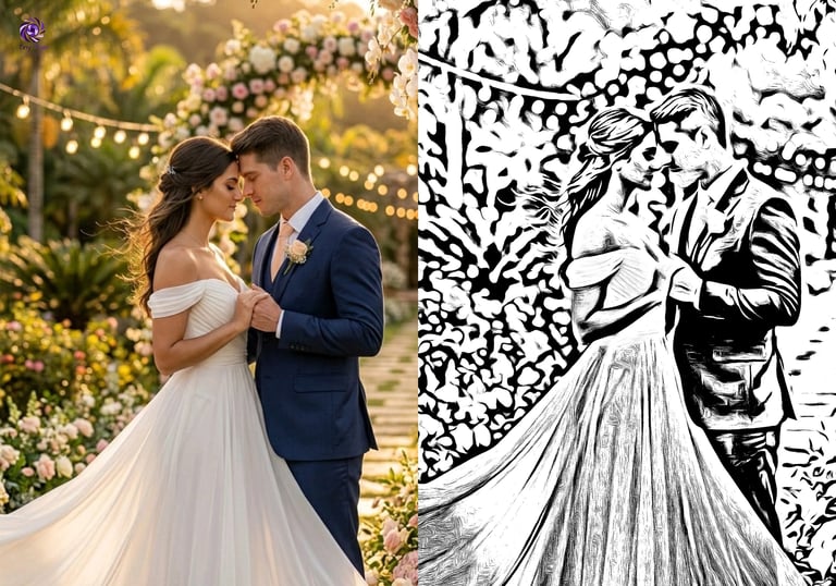 Wedding couple in formal attire embracing outdoors with floral decoration, shown as photograph and black and white sketch