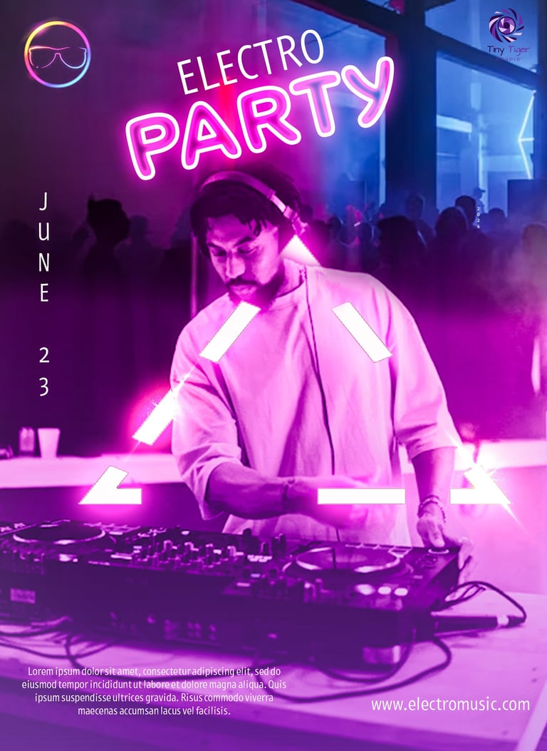 DJ performing at neon-lit electro party on June 23, with pink and blue lighting and dancing crowd in background