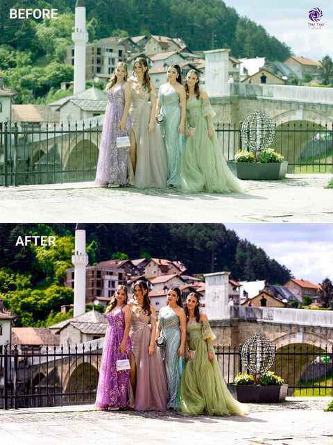 Before and after photo editing comparison showing four women in formal gowns on a riverside terrace with historical buildings in the background