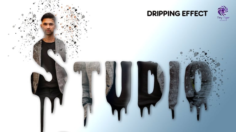 Man with dripping text effect displaying STUDIO with scattered particle dispersion on white and blue background