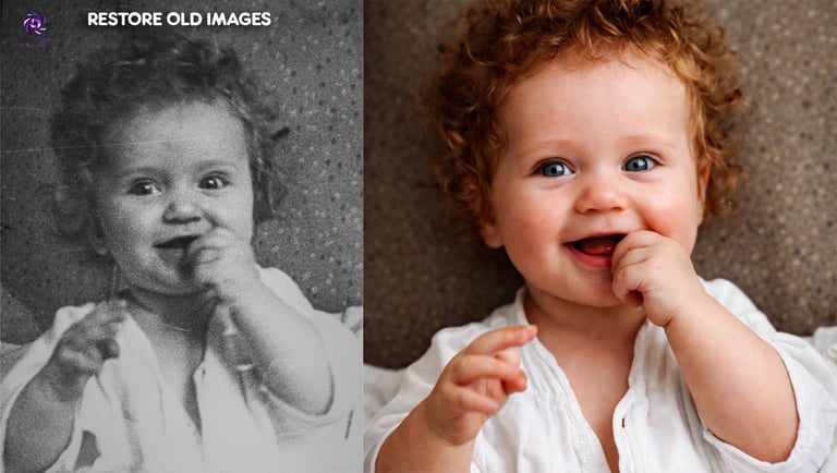 Before and after comparison of old image restoration. Left: Original black and white photo of toddler. Right: Colorized and restored version showing smiling baby with reddish curly hair.