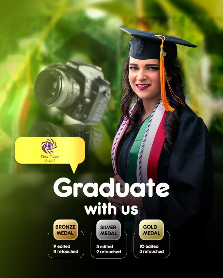 Woman in graduation cap and gown with camera, promoting editing course with bronze, silver, and gold medal achievements