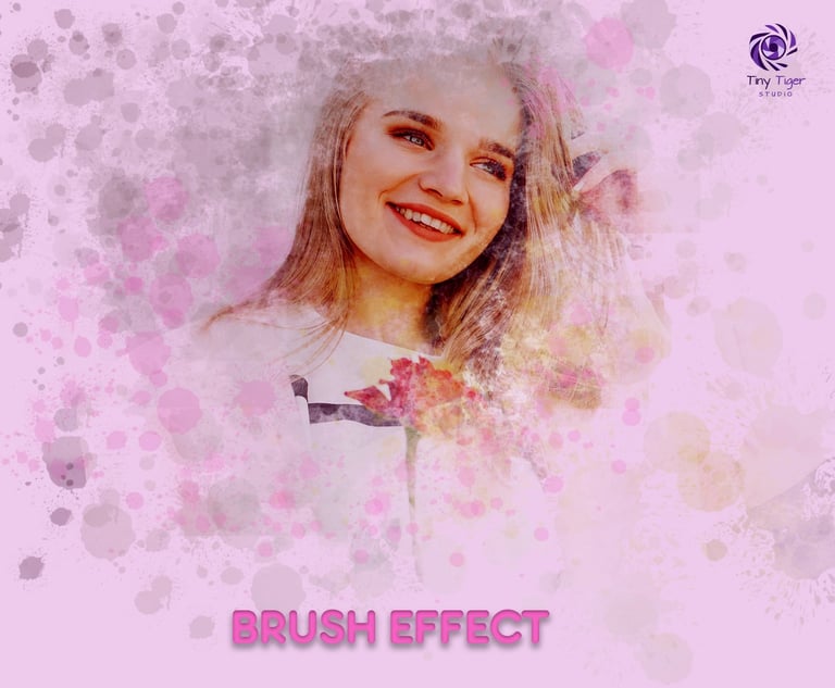 Smiling girls portrait with artistic brush effect and watercolor bokeh overlay on pink background