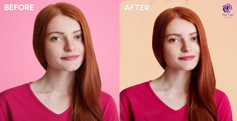 Before and after comparison of a woman with long reddish-brown hair wearing a magenta top against contrasting backgrounds