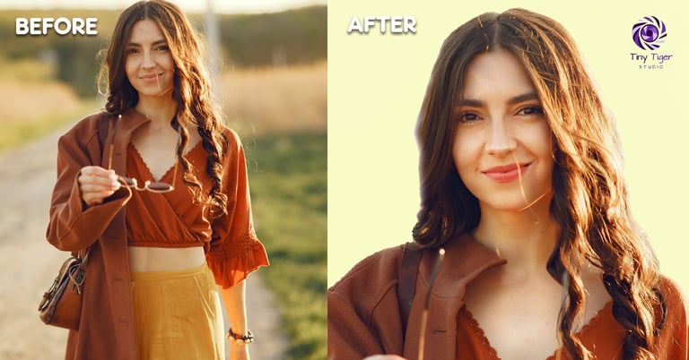 Before and after photo comparison showing a womans portrait with enhanced image quality and editing improvements