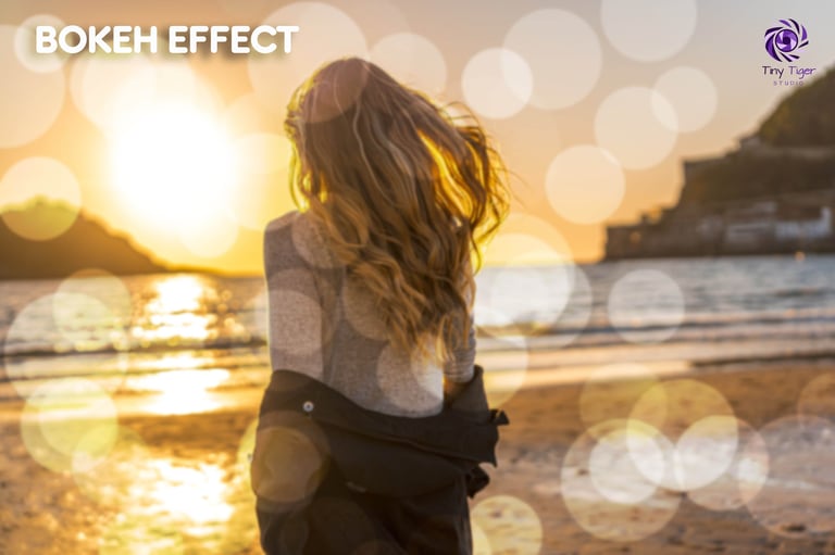 Woman standing on beach at sunset with bokeh light effect in background, text reading Bokeh Effect