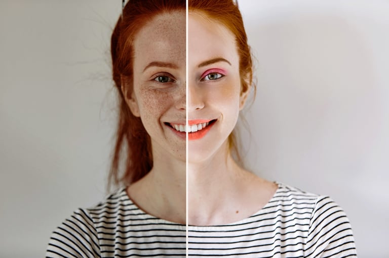 Split-screen portrait of a young woman with red hair and freckles, showing her face half-natural and half with makeup applied
