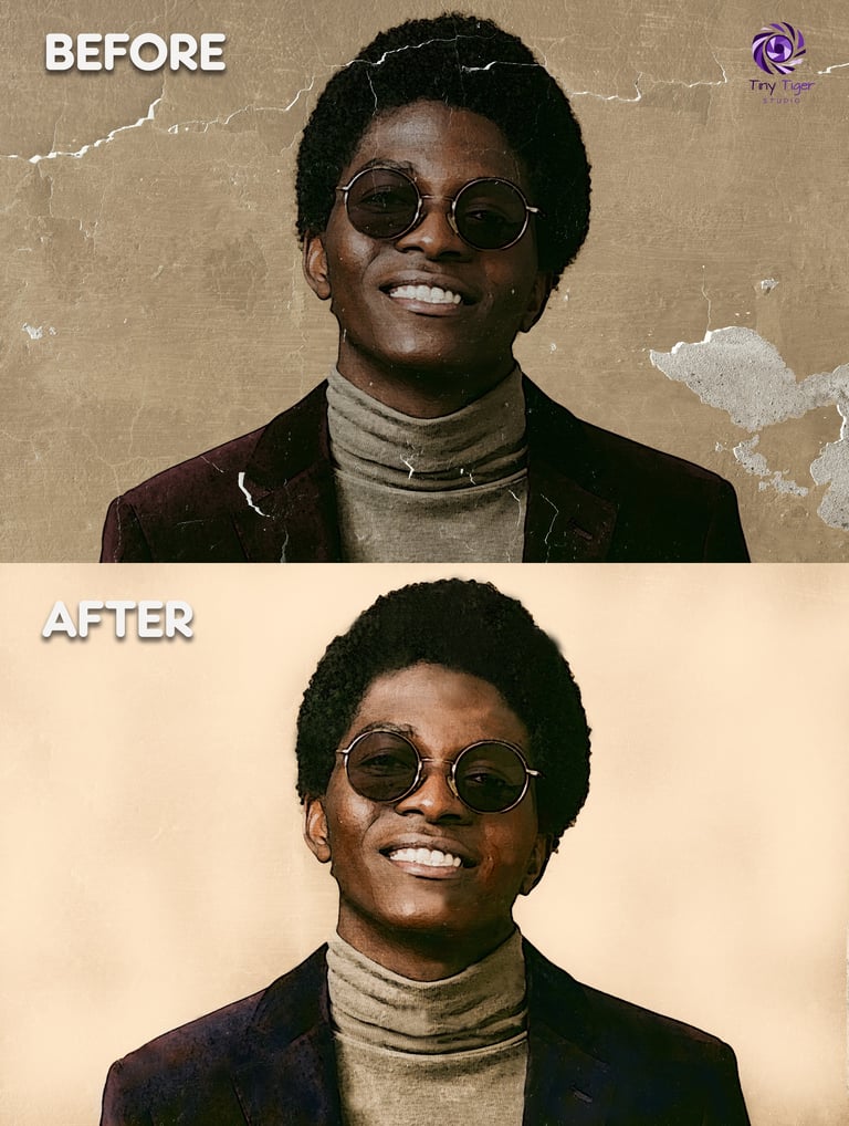 Before and after photo restoration comparison showing smiling man with round glasses, dark hair, and turtleneck sweater