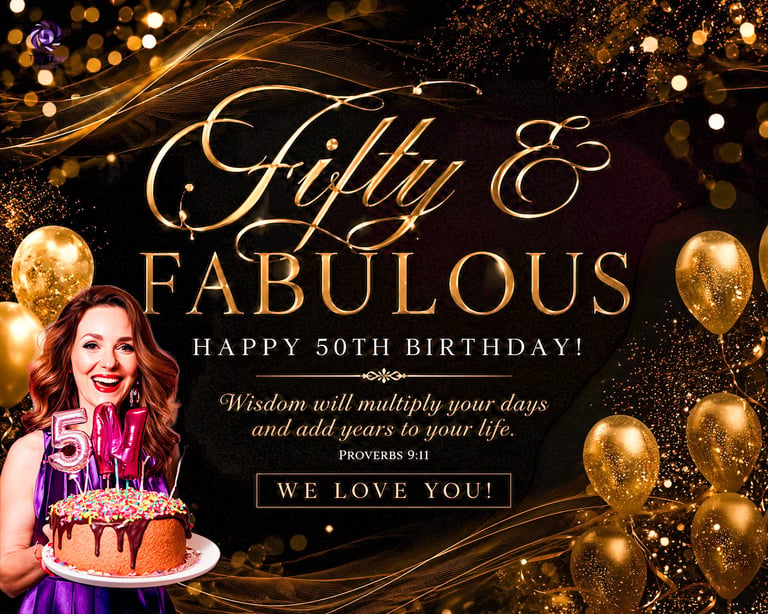 Elegant 50th birthday celebration design with woman holding pink cake, gold balloons, and Fifty & Fabulous text on black background